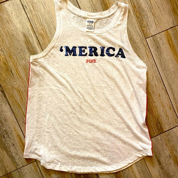 PINK Victoria's Secret Tops - VS Pink ‘Merica sequin tank, Heather Gray, Medium